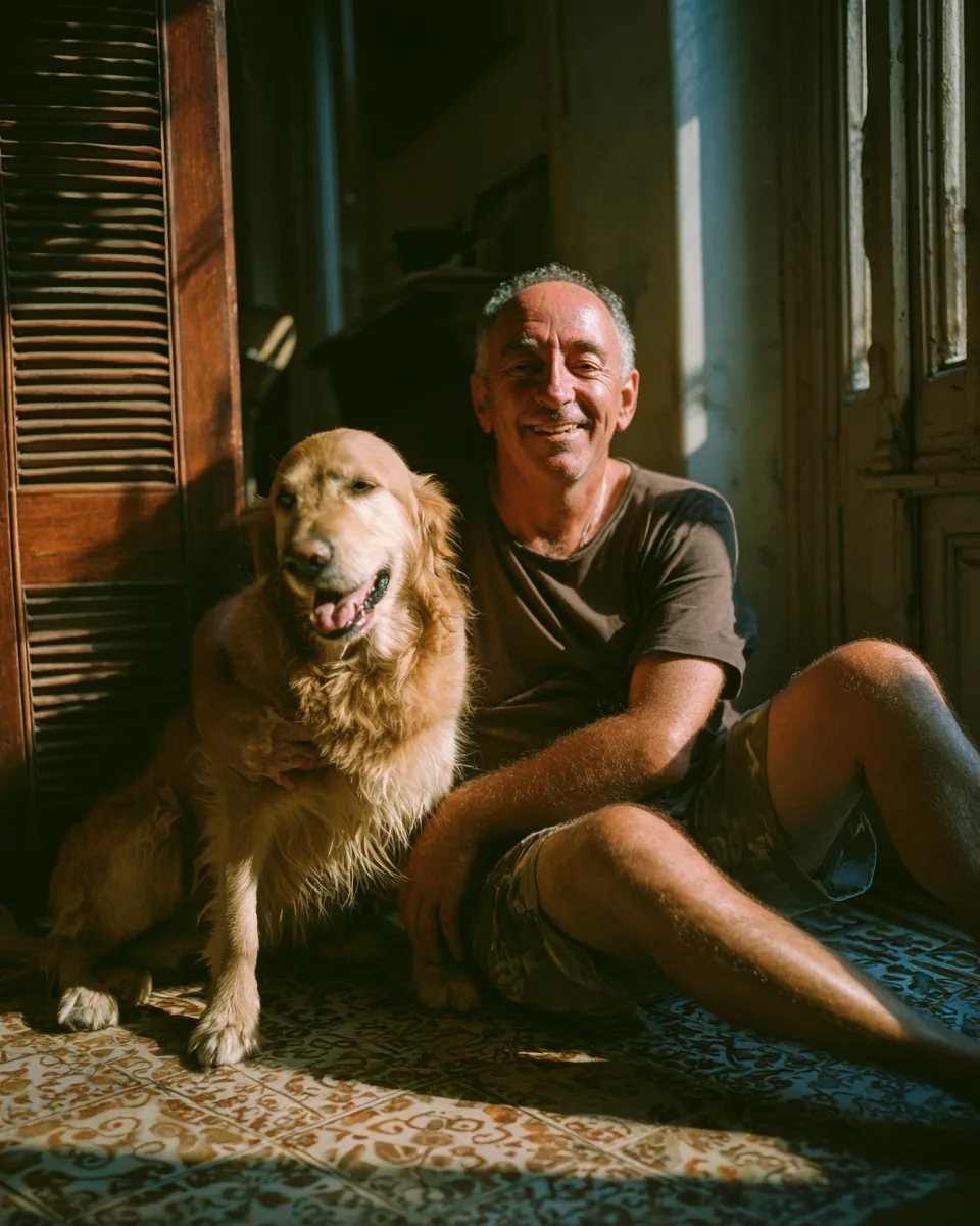 A Maltese dog dad holding a hand-finished portrait of his dog on Father's Day