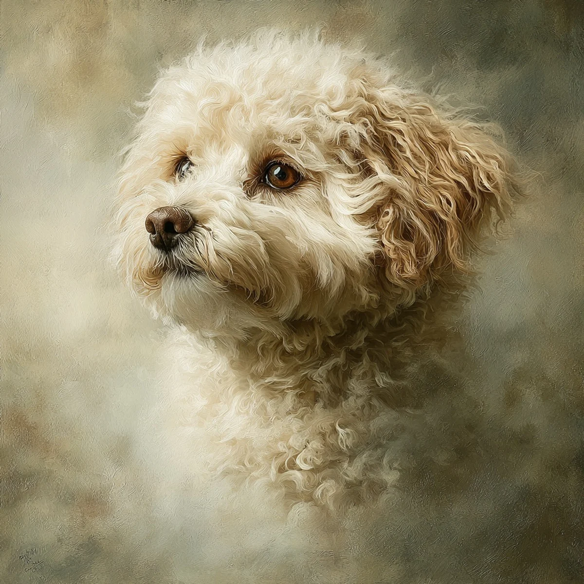 A Memorial-style portrait of a dog rendered in soft, muted tones - the quiet style of pet portrait composed for the moment a dog has passed