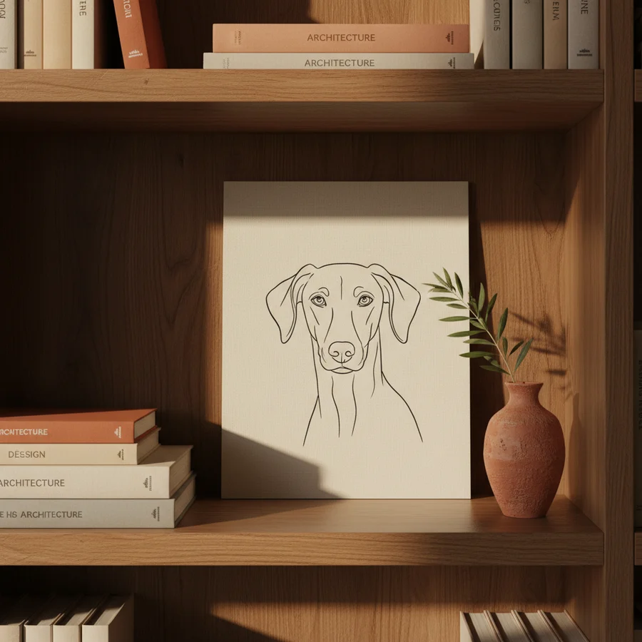 A minimal line drawing of a greyhound leaning on books