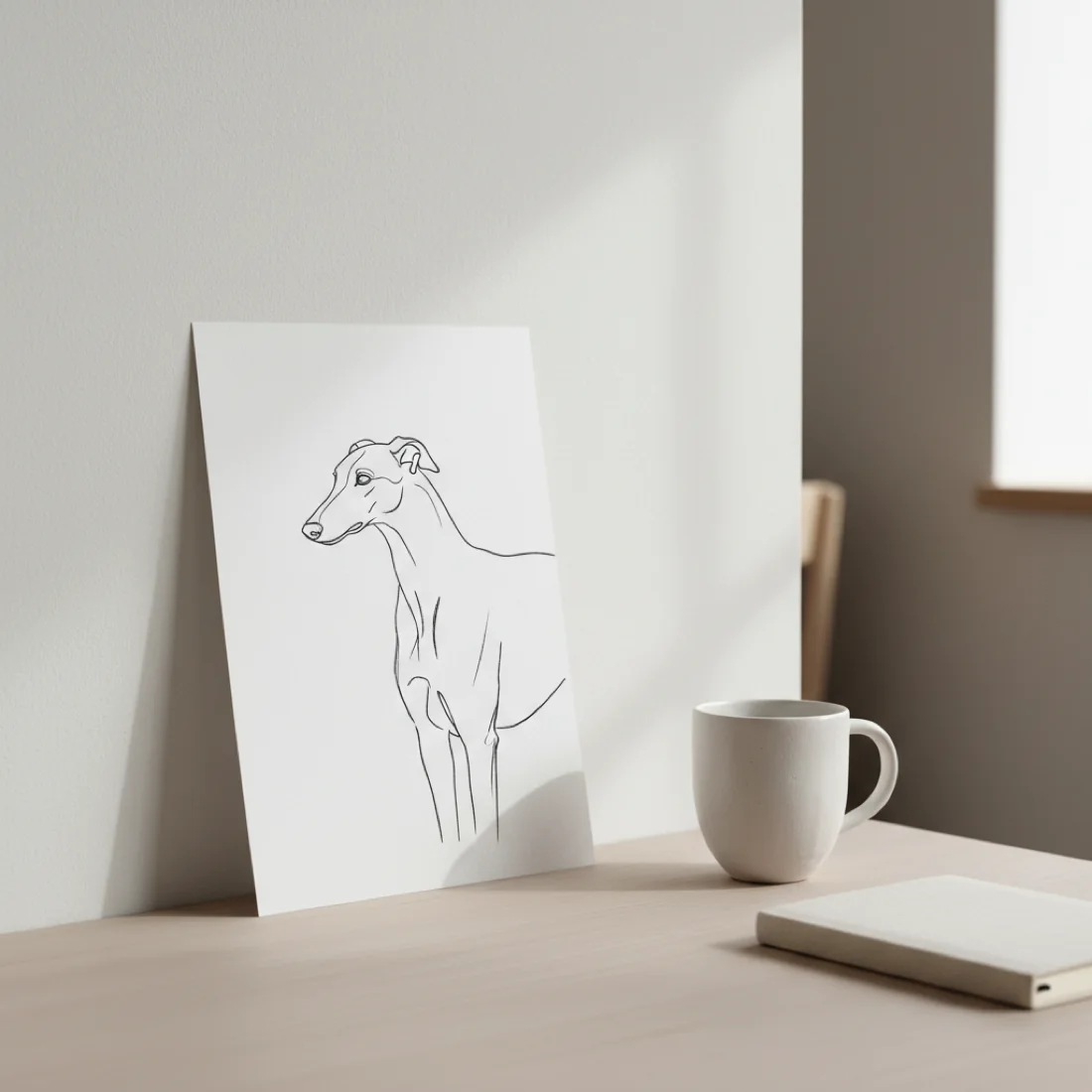 Minimal line portrait on a desk beside a sketchbook